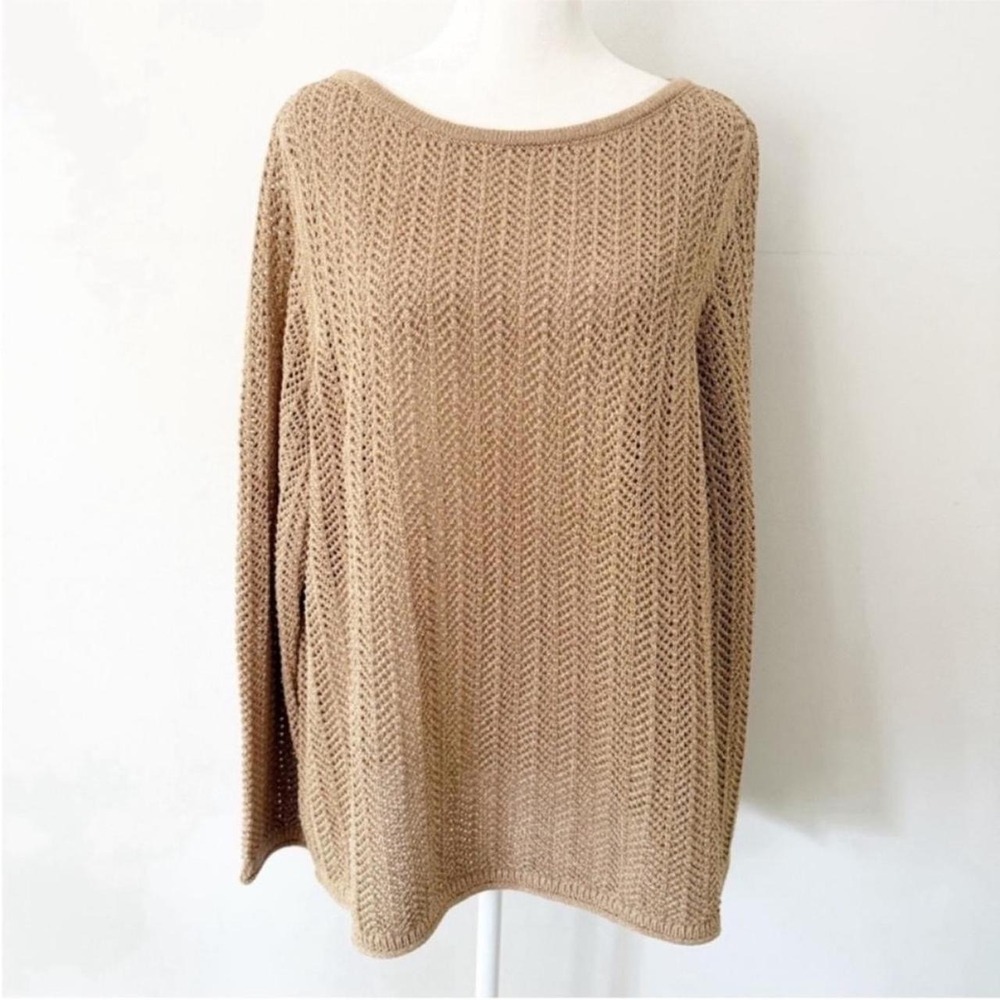NWT Talbots Sweater Women 2XP Beige Metallic Pointelle Knit Tie Back Lightweight